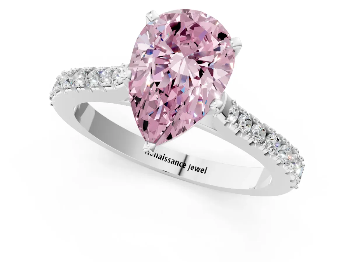 Fancy Pink Pear Cut Cut Solitaire Diamond Engagement Ring with Pave Band and Four-Prong Setting Silver