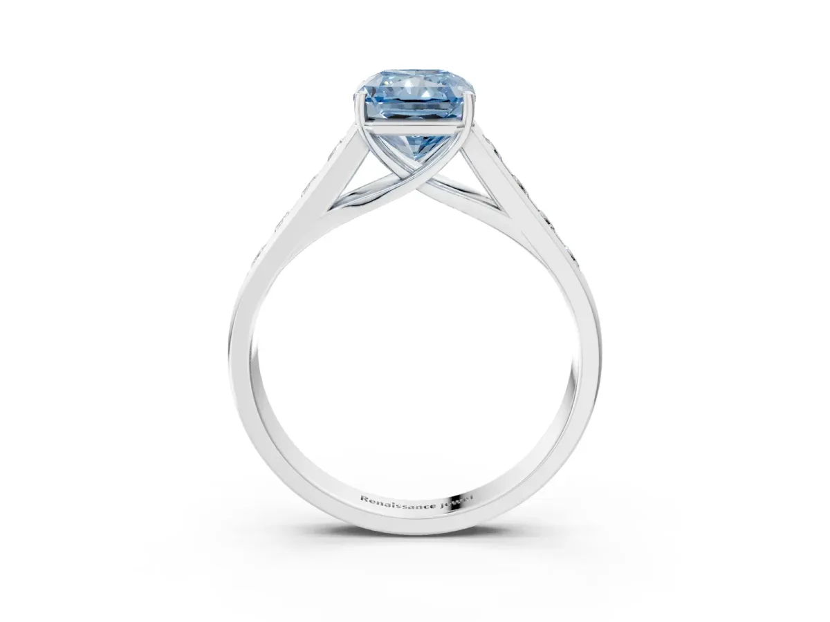 Fancy Blue Radiant Cut Solitaire Channel-Set Diamond Engagement Ring with Four-Prong Setting Platinum
