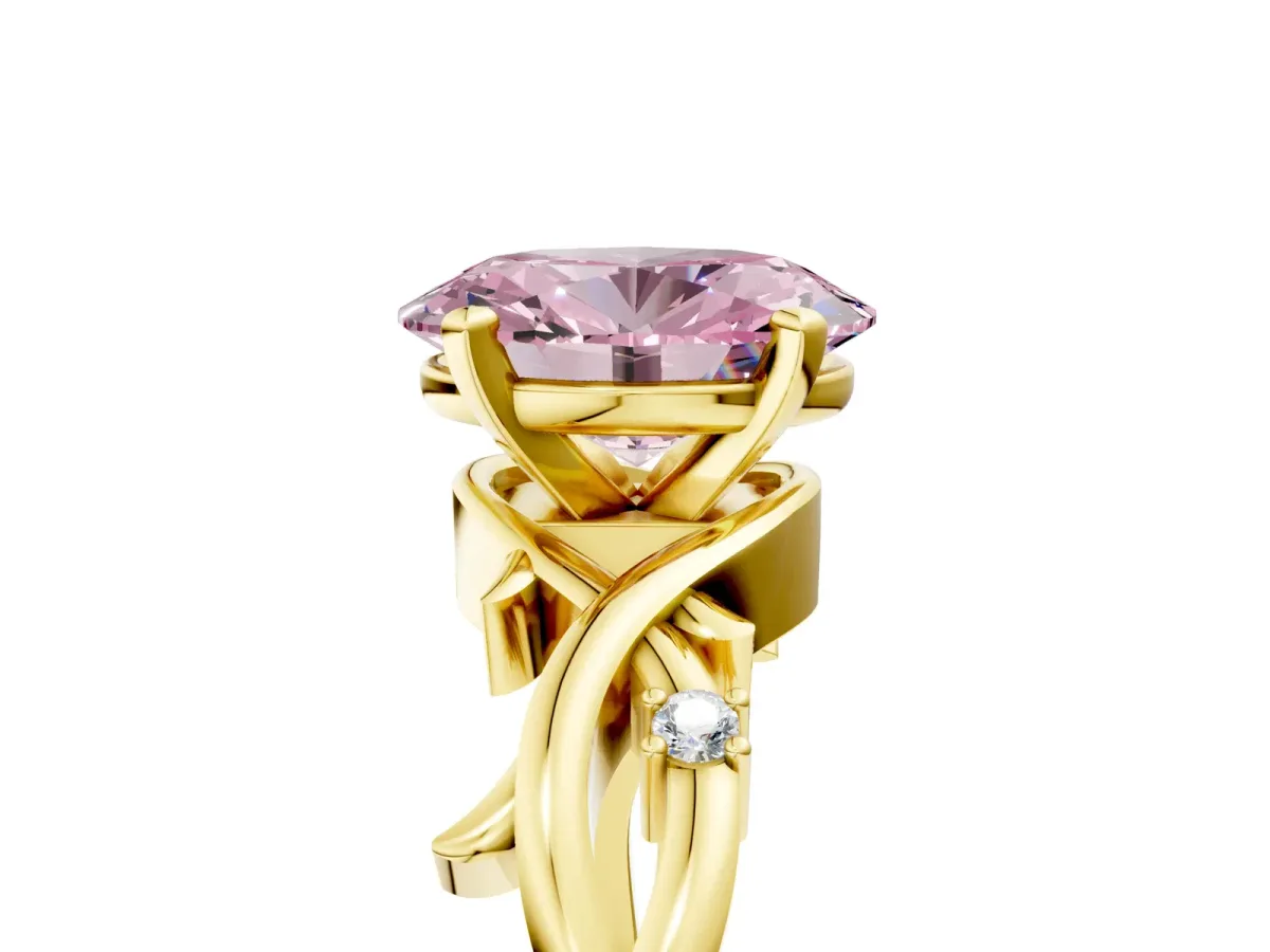 Fancy Pink Oval Cut Diamond Solitaire Ring with Twisted Band and Prong Setting Yellow gold