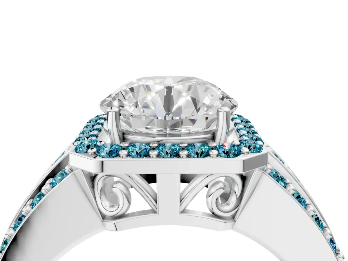 Round Cut Halo Diamond Ring with Round Blue Topaz Split Shank and Prong Setting Platinum