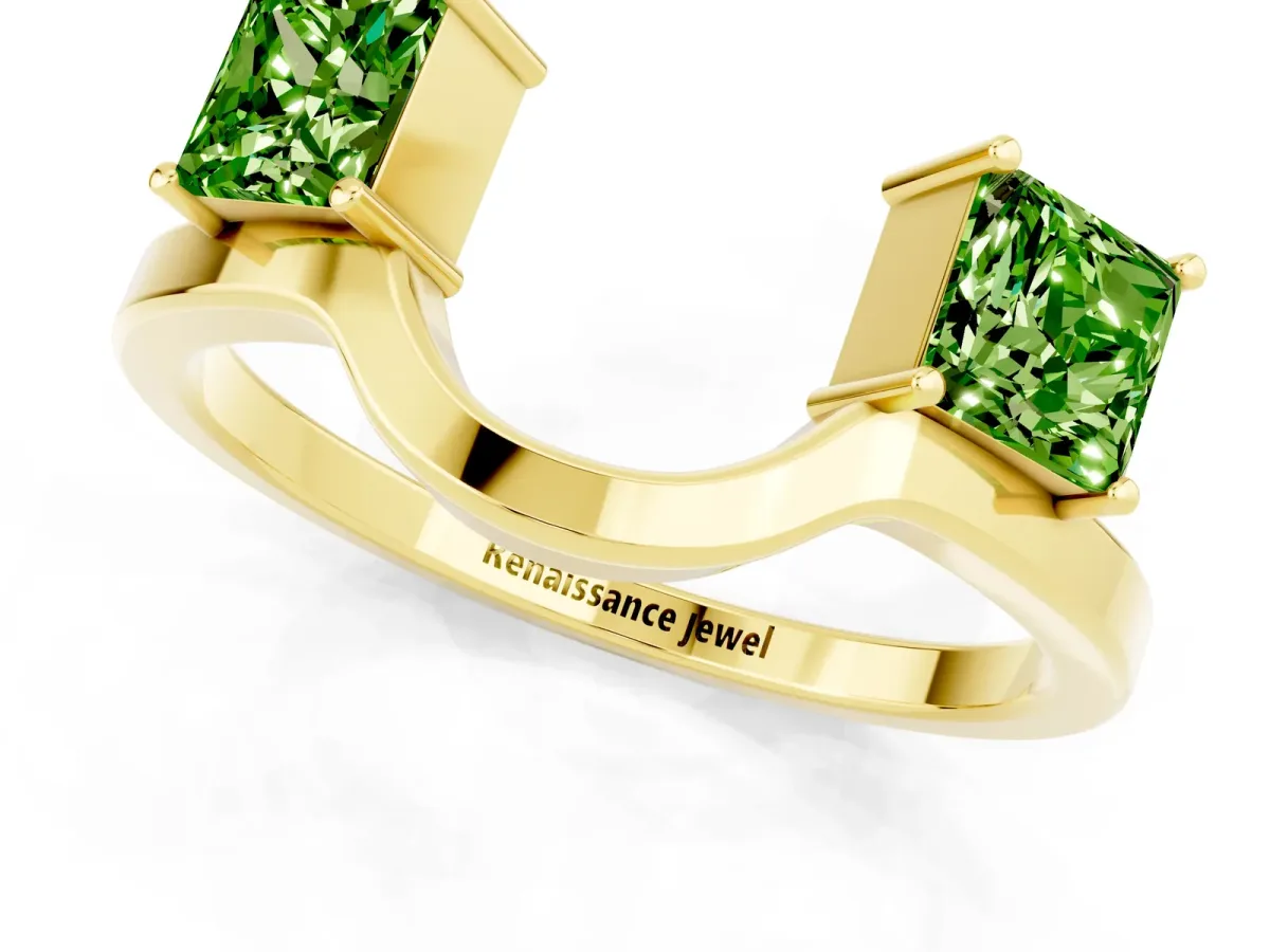 Princess Cut Peridot Two-Stone Open Band Ring with Four-Prong Setting Yellow gold