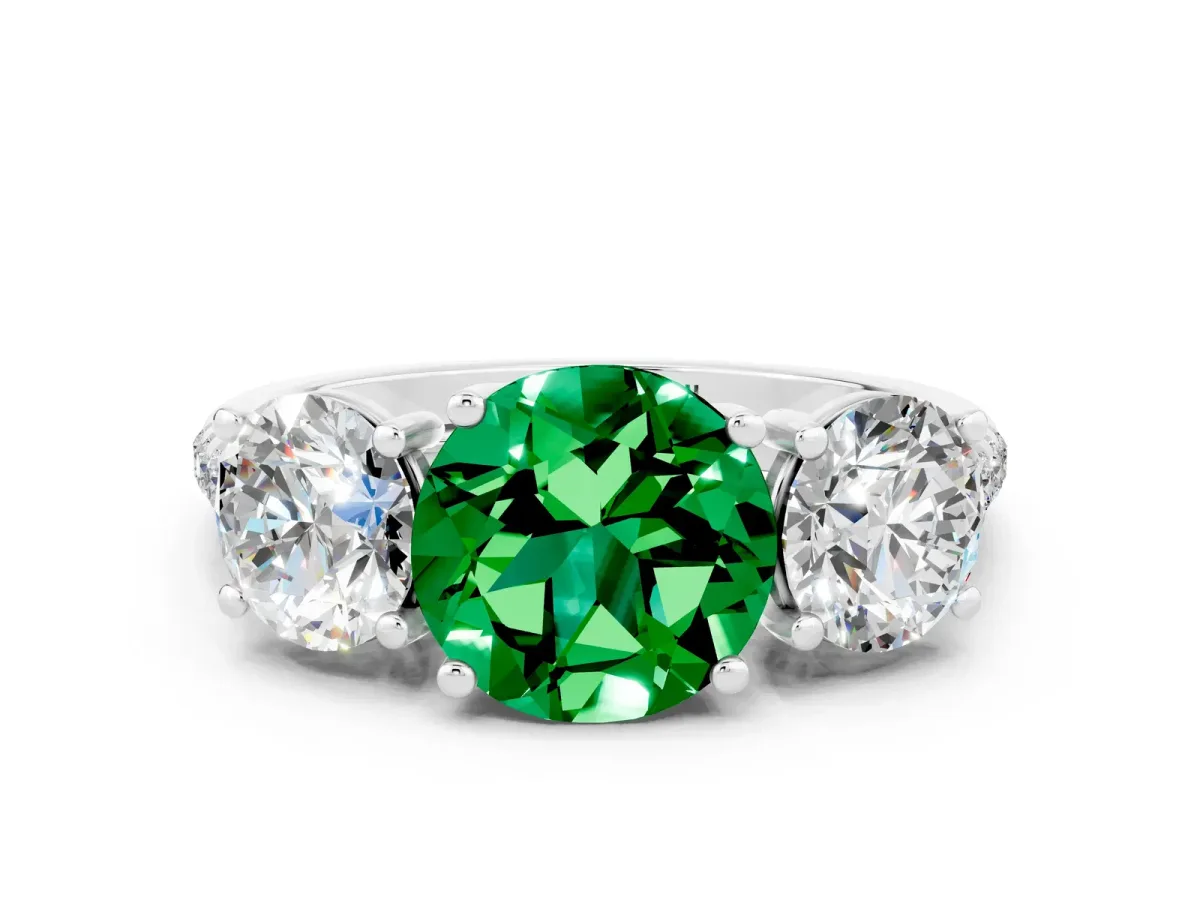 Three-Stone Round Cut Emerald Ring with Round Pavé Band and Prong Setting Silver