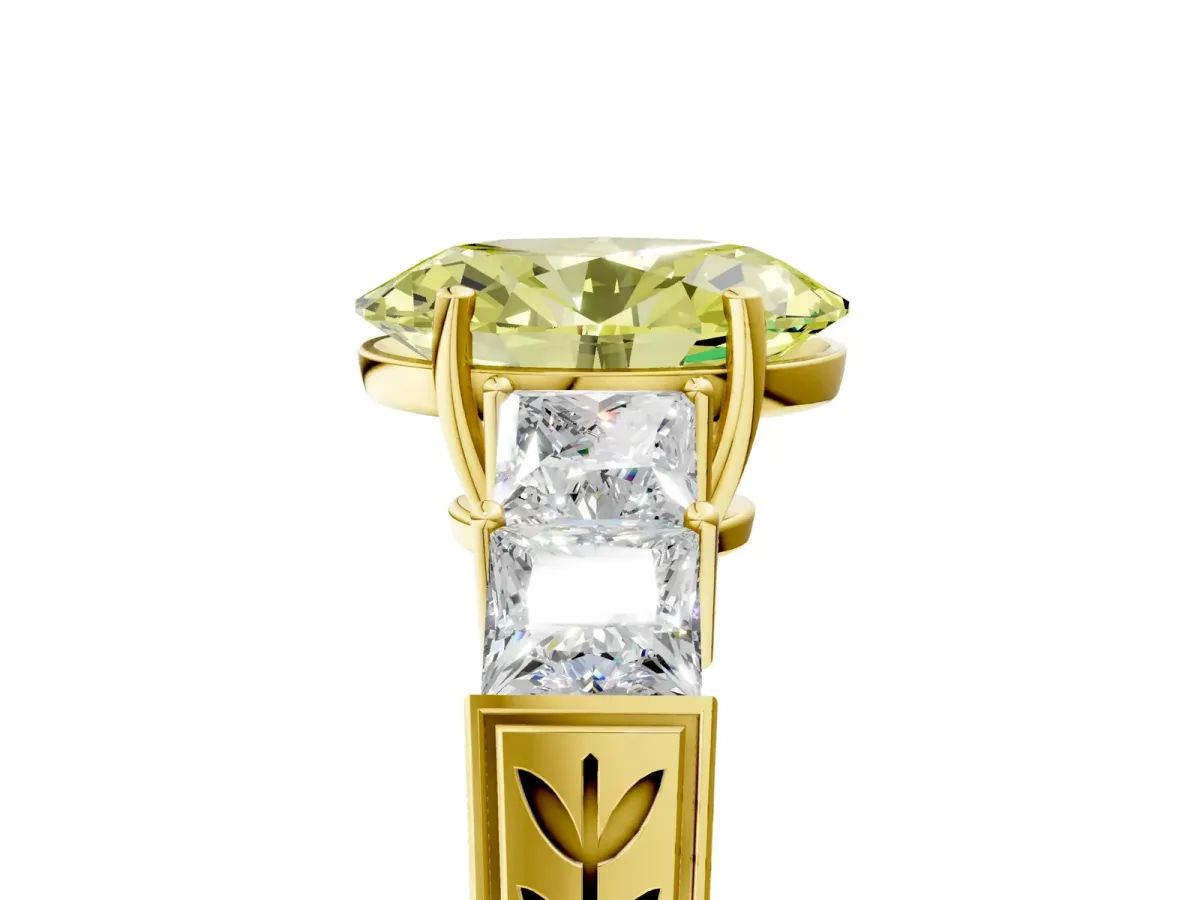 Fancy Yellow Oval Cut Solitaire Princess Side Stone Engraved Band Prong Setting Ring Yellow gold