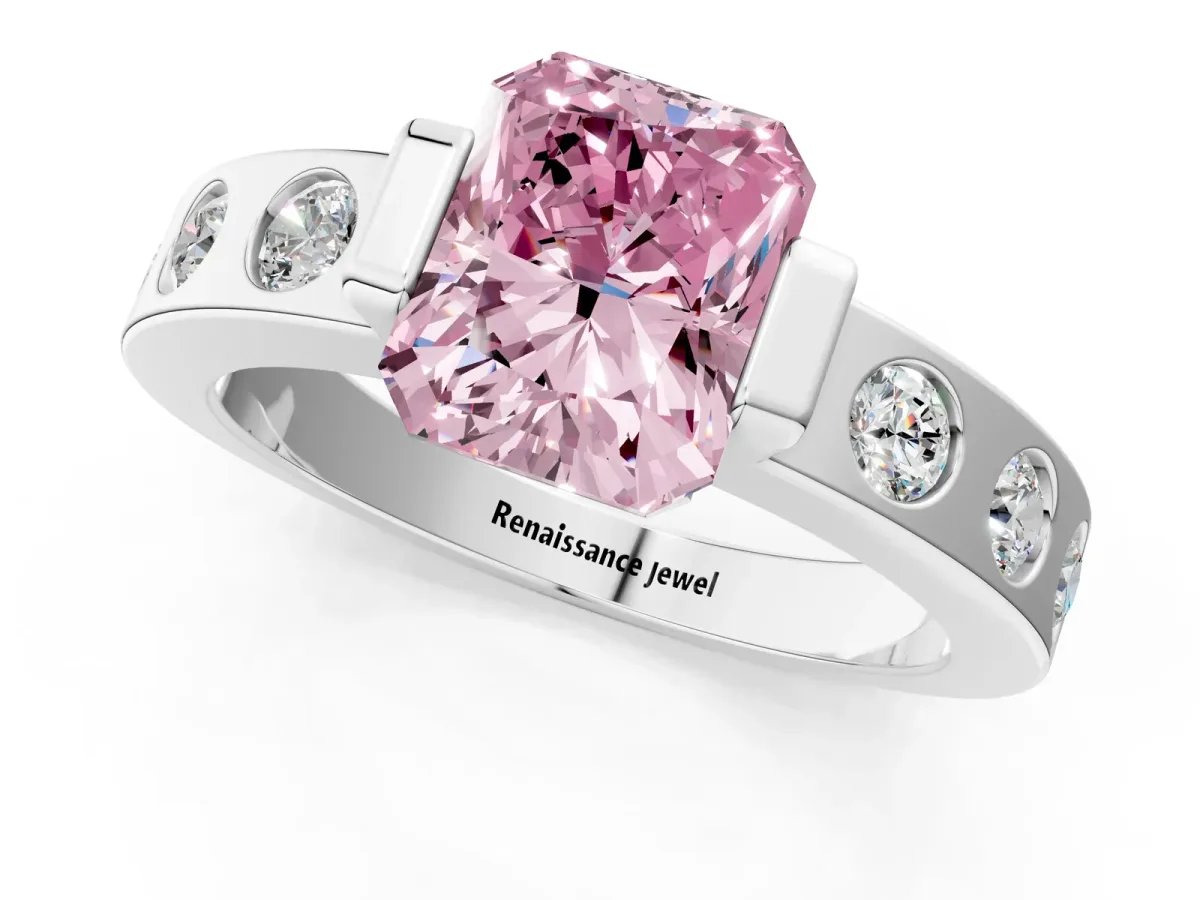 Fancy Pink Radiant Cut Brilliant Channel-Set Diamond Ring with Bezel Prong Setting Platinum