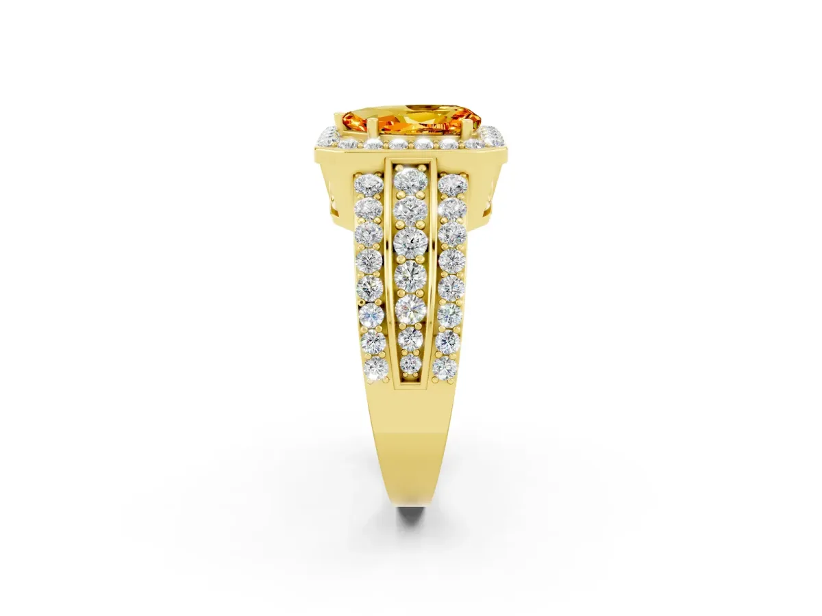 Pear Cut Halo Citrine Ring with Round Split Shank and Prong Setting Yellow gold