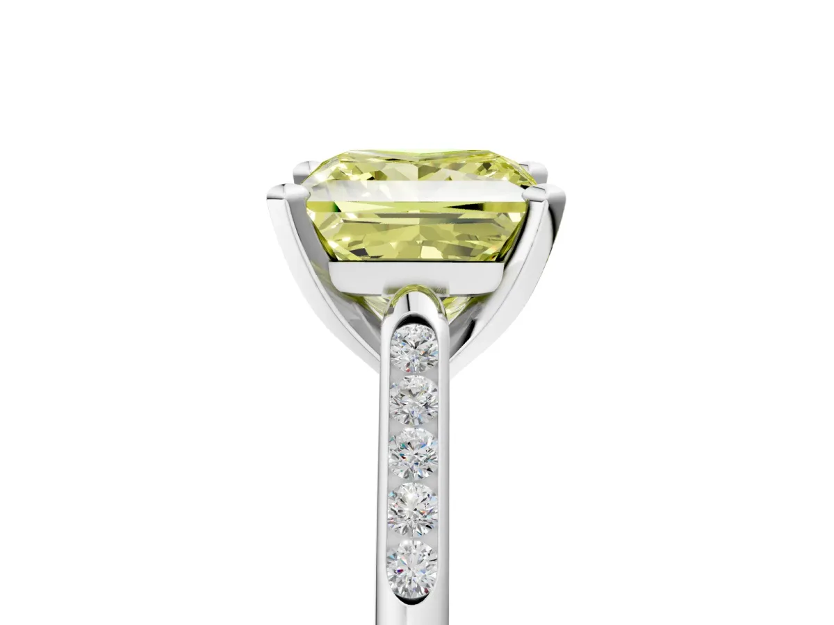 Fancy Yellow Princess Cut Diamond Solitaire Ring with Channel Set Round Band and Prong Setting Silver