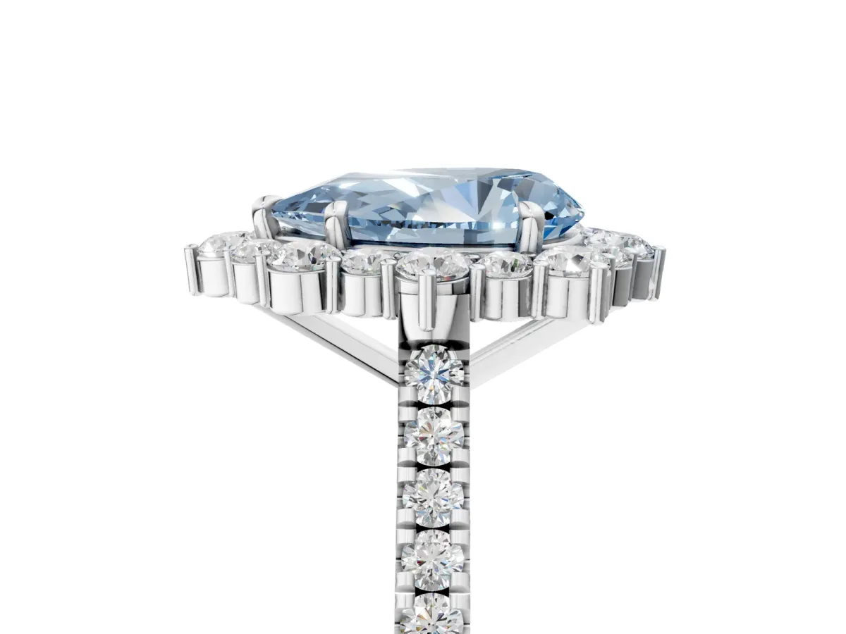 Fancy Blue Pear Cut Halo Diamond Ring with Pavé Band and Prong Setting Silver