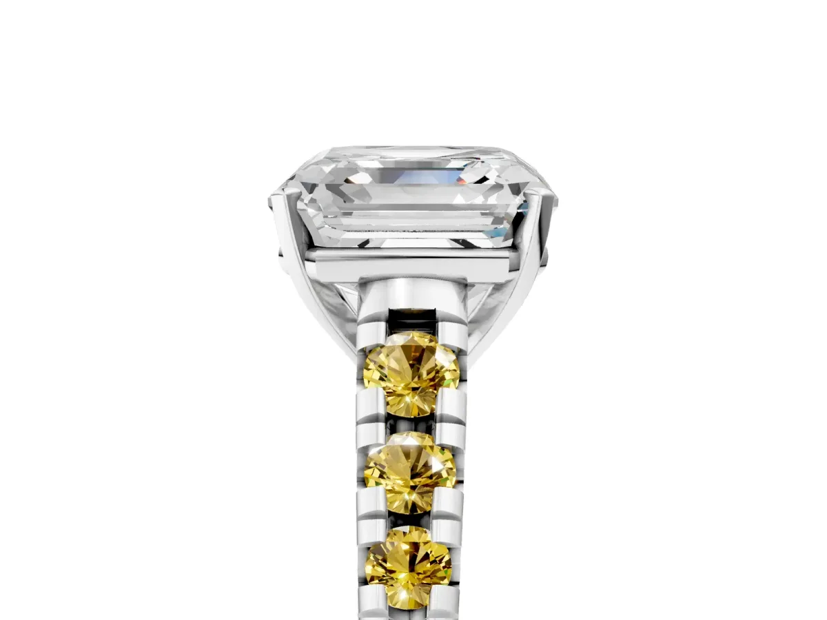 Asscher Cut Diamond Cathedral Solitaire Ring with Round Yellow Sapphire Pavé Band Silver
