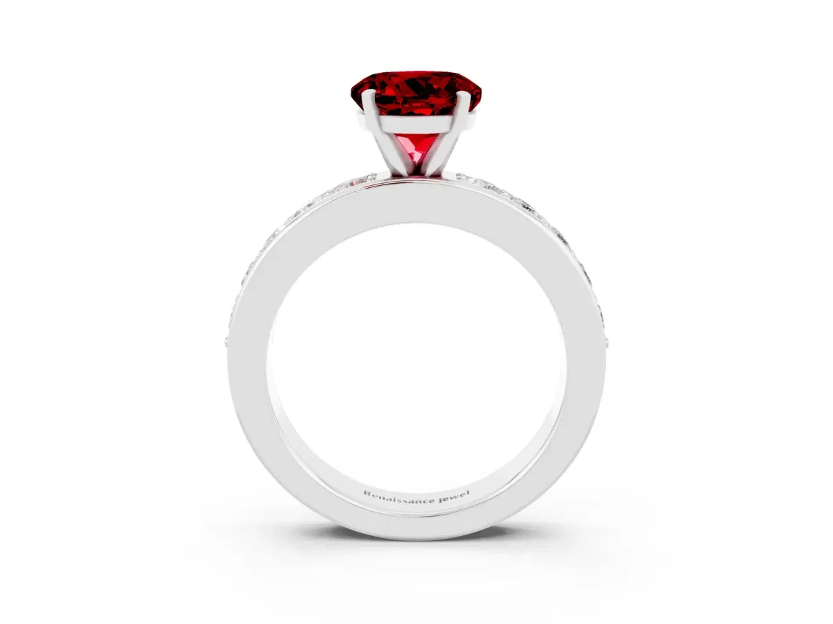 Round Cut Ruby Engagement Ring with Channel Set Round Band and Prong Setting White gold