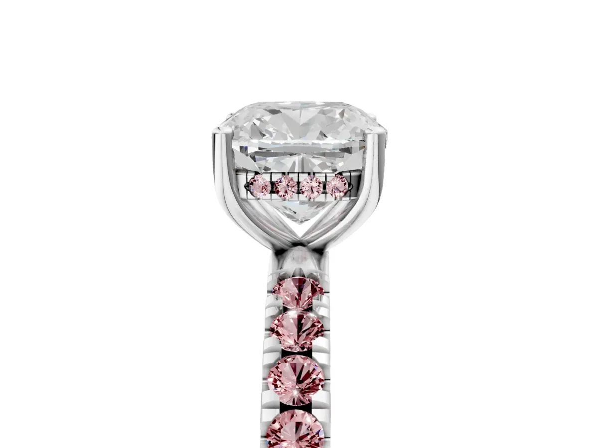 Cushion Cut Diamond Pave Band Solitaire Ring with Round Morganite and Prong Setting Silver