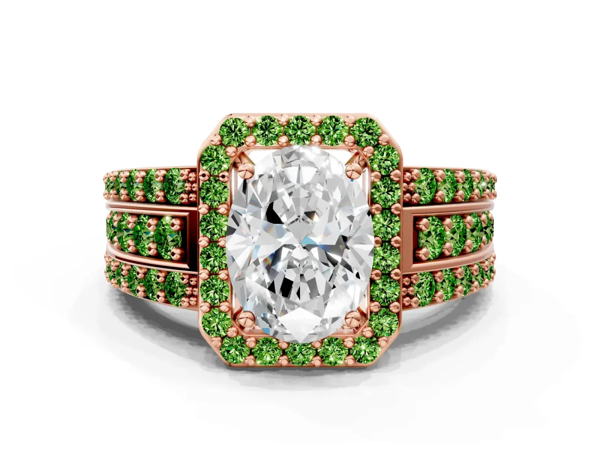 Oval Cut Halo Diamond Ring with Round Peridot Split Shank and Prong Setting Rose gold