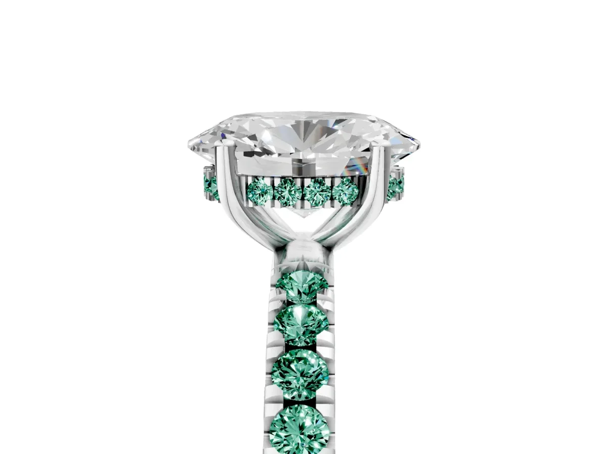 Oval Cut Diamond Pave Band Solitaire Ring with Round Green Sapphire and Prong Setting Silver