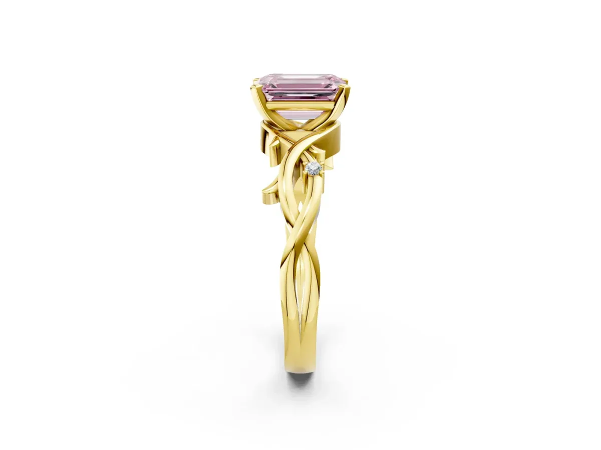 Fancy Pink Emerald Cut Diamond Solitaire Ring with Twisted Band and Prong Setting Yellow gold