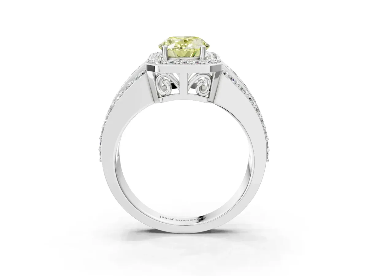 Fancy Yellow Oval Cut Halo Diamond Ring with Round Split Shank and Prong Setting Silver