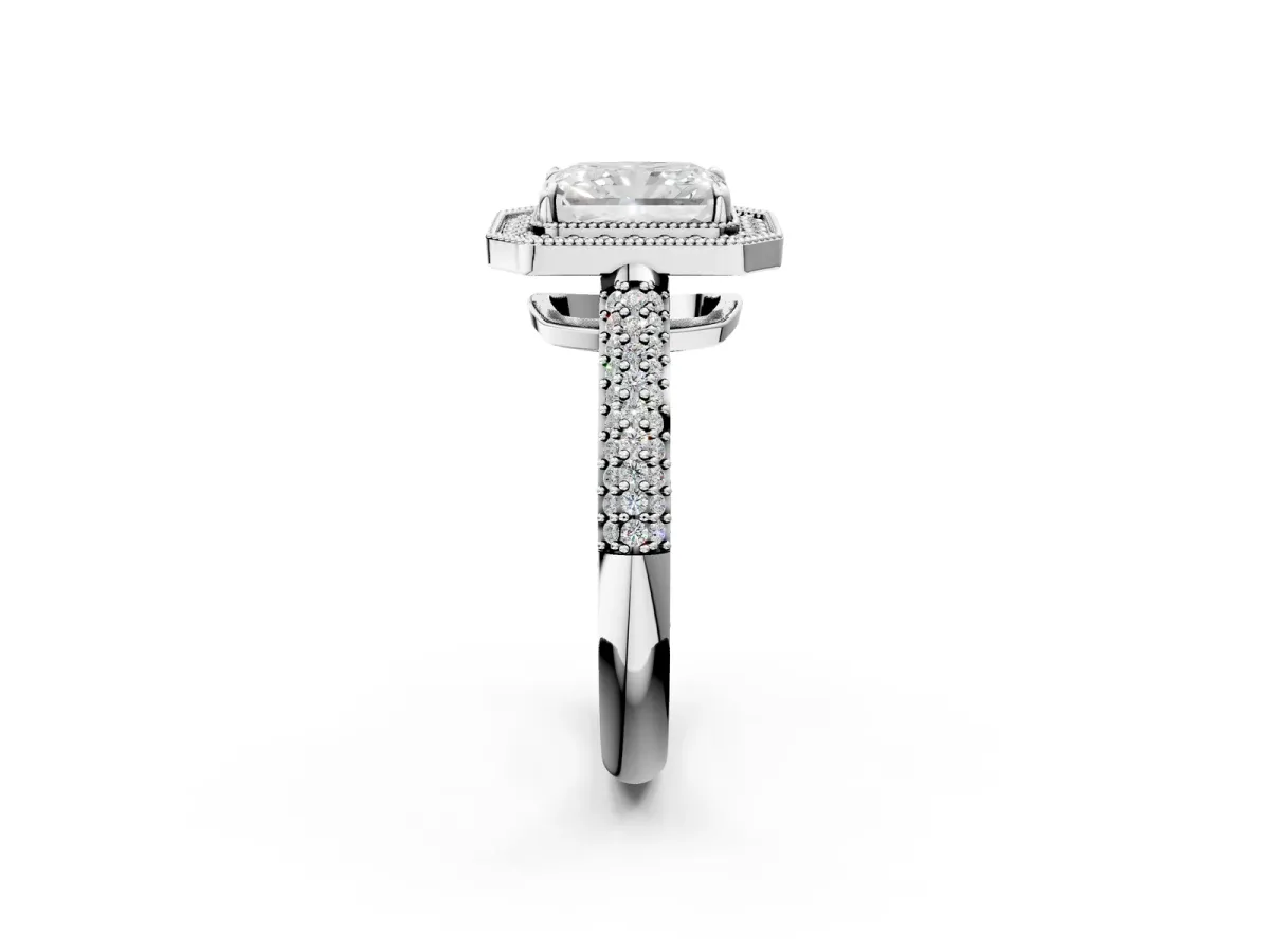 Radiant Cut Cut Halo Diamond Pave Band with Four-Prong Setting Platinum