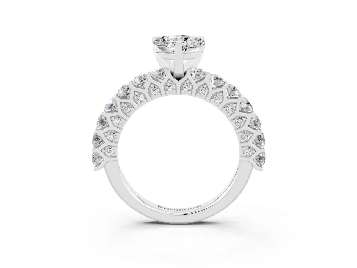 Heart Cut Moissanite Solitaire Ring with Shared Prong Pavé Band and Four-Prong Setting Silver