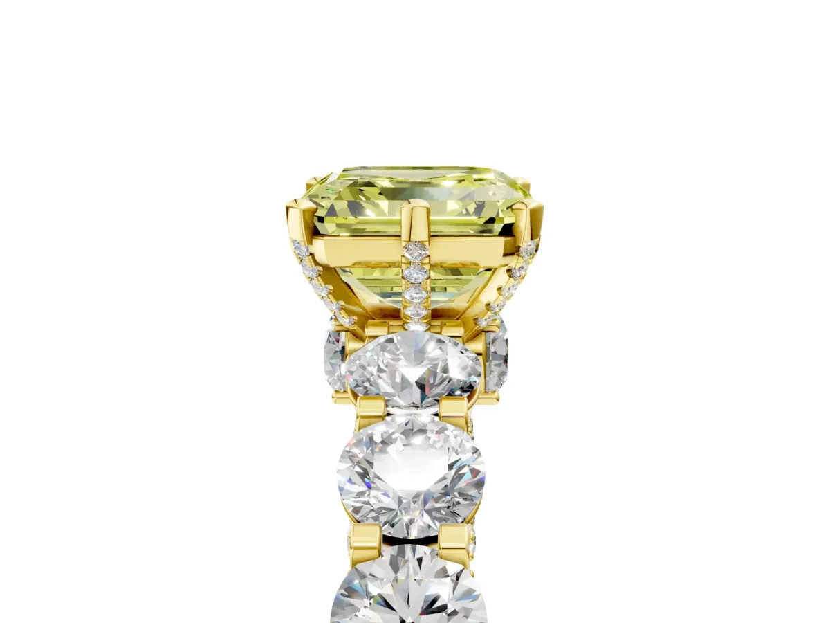 Fancy Yellow Asscher Cut Diamond Side Stone Engagement Ring with Four-Prong Setting Yellow gold