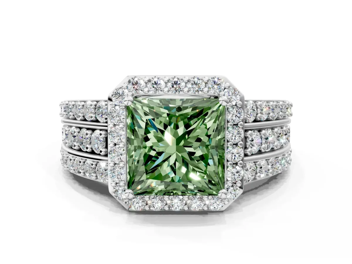 Fancy Green Princess Cut Halo Diamond Ring with Round Split Shank and Prong Setting Silver