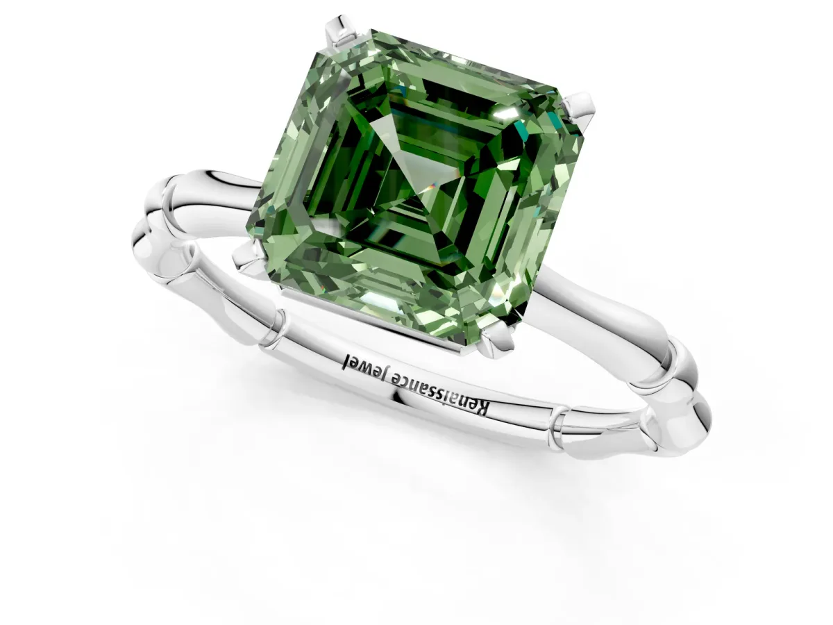 Fancy Green Asscher Cut Solitaire Diamond Ring with Bamboo Band and Four-Prong Setting Platinum