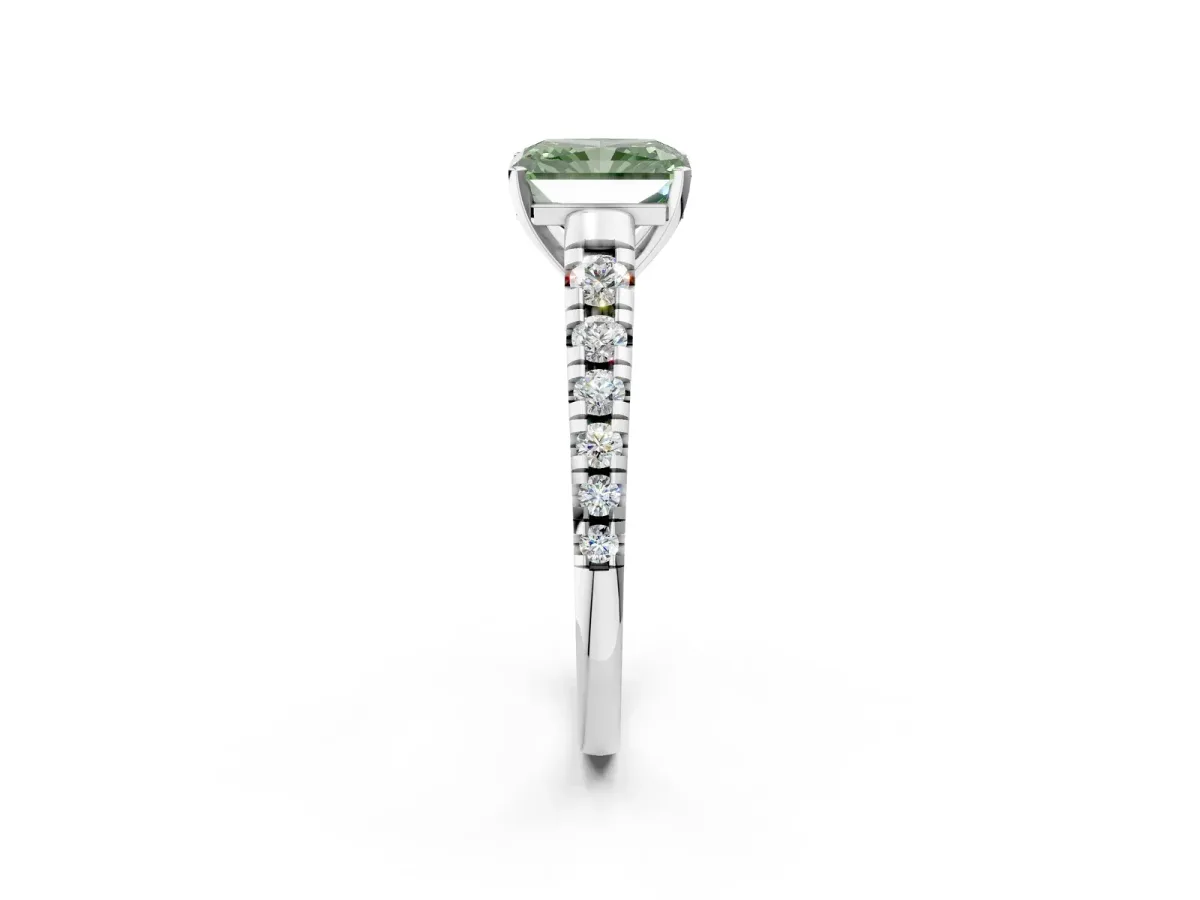 Fancy Green Radiant Cut Diamond Cathedral Solitaire Ring with Round Pavé Band Silver