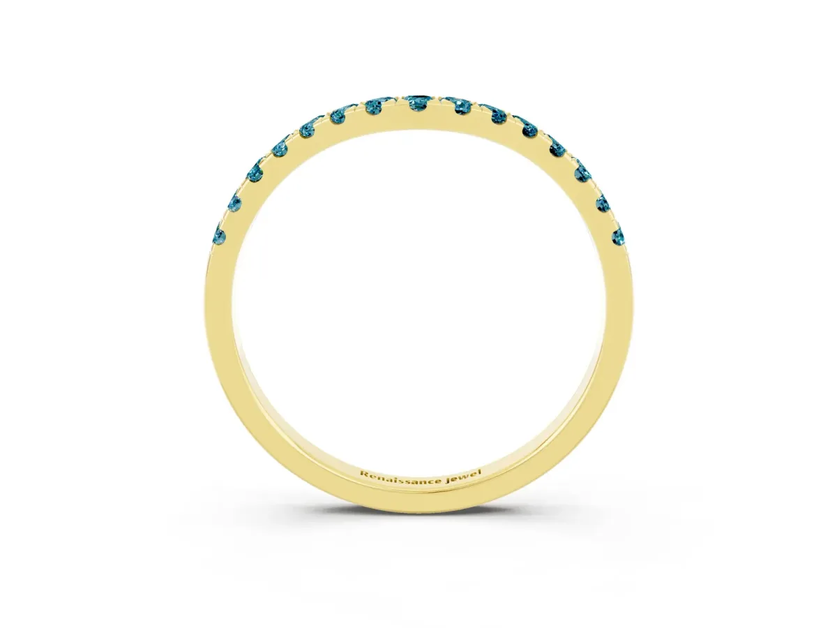 Curved Pavé Round Blue Topaz Wedding Band with Shared Prong Setting Yellow gold