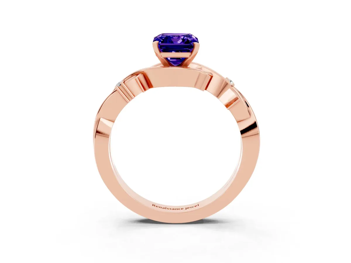 Emerald Cut Tanzanite Solitaire Ring with Twisted Band and Prong Setting Rose gold