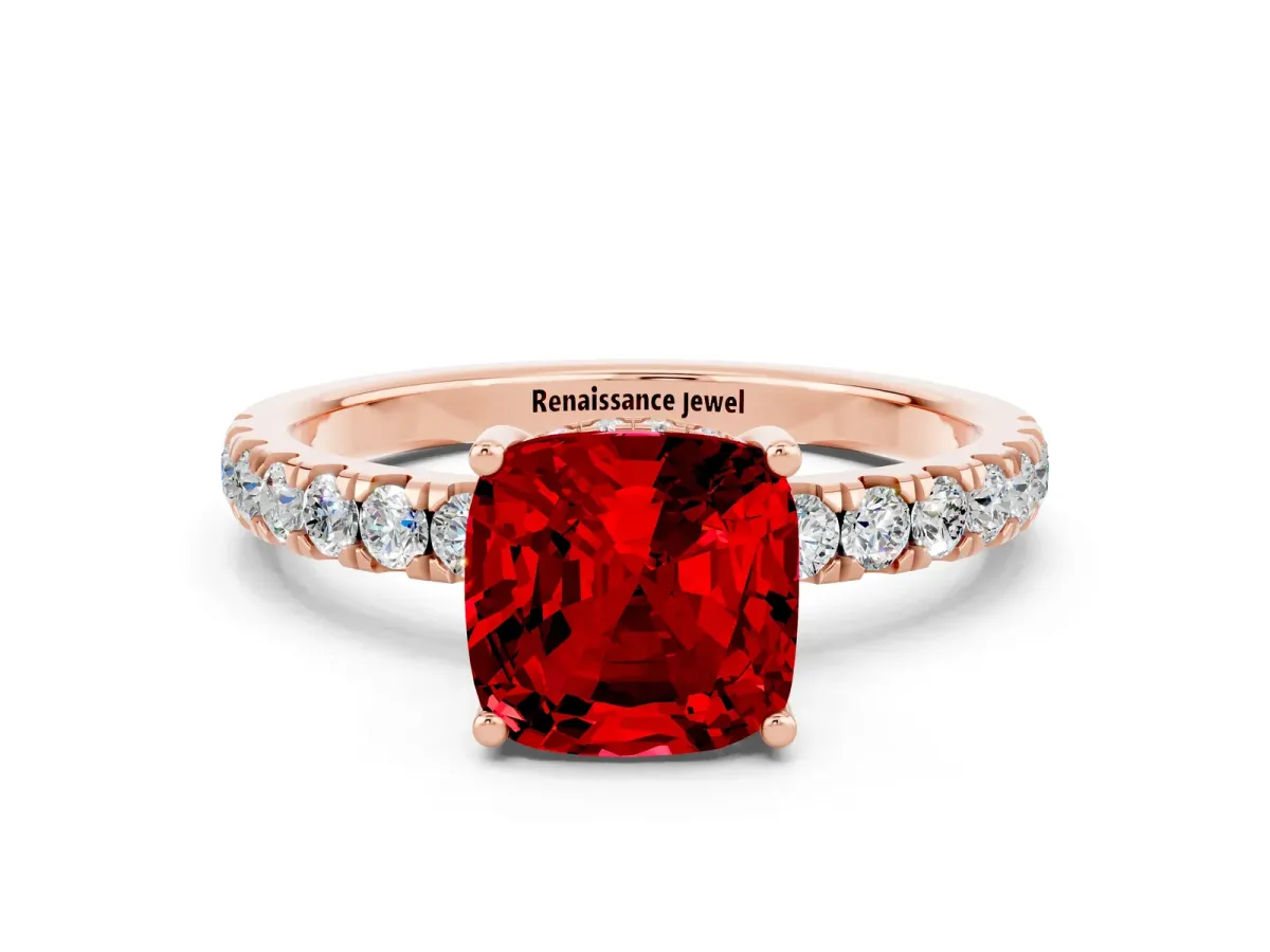 Cushion Cut Ruby Pave Band Solitaire Ring with Round and Prong Setting Rose gold