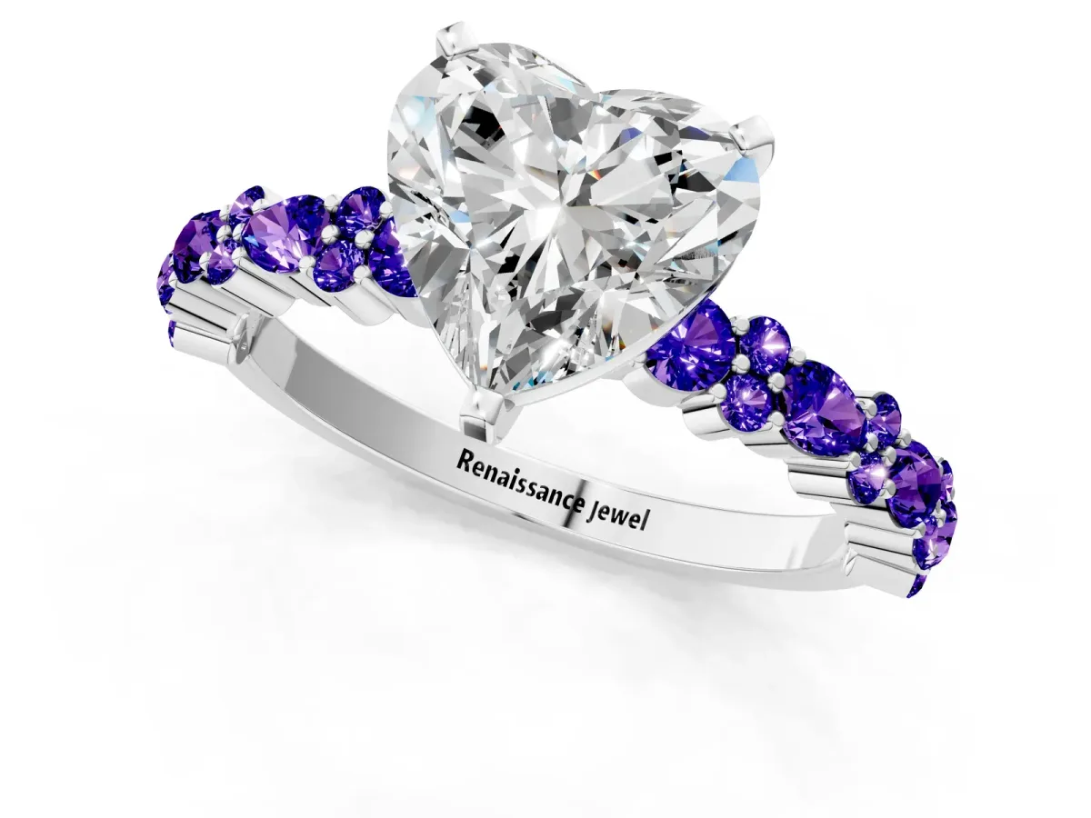 Heart Cut Diamond Side Stone Solitaire Ring with Round Tanzanite and Four-Prong Setting Platinum
