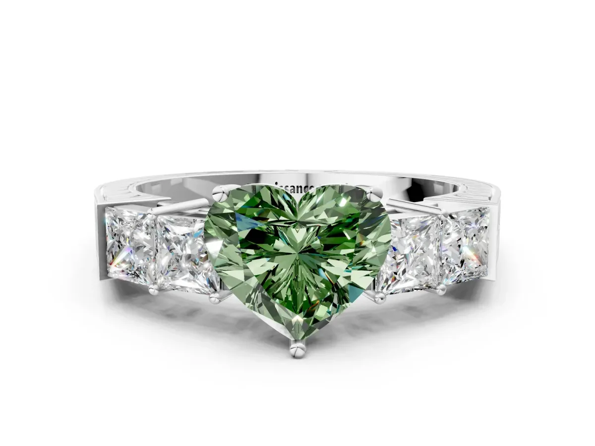 Fancy Green Heart Cut Solitaire Princess Side Stone Engraved Band Prong Setting Ring Platinum