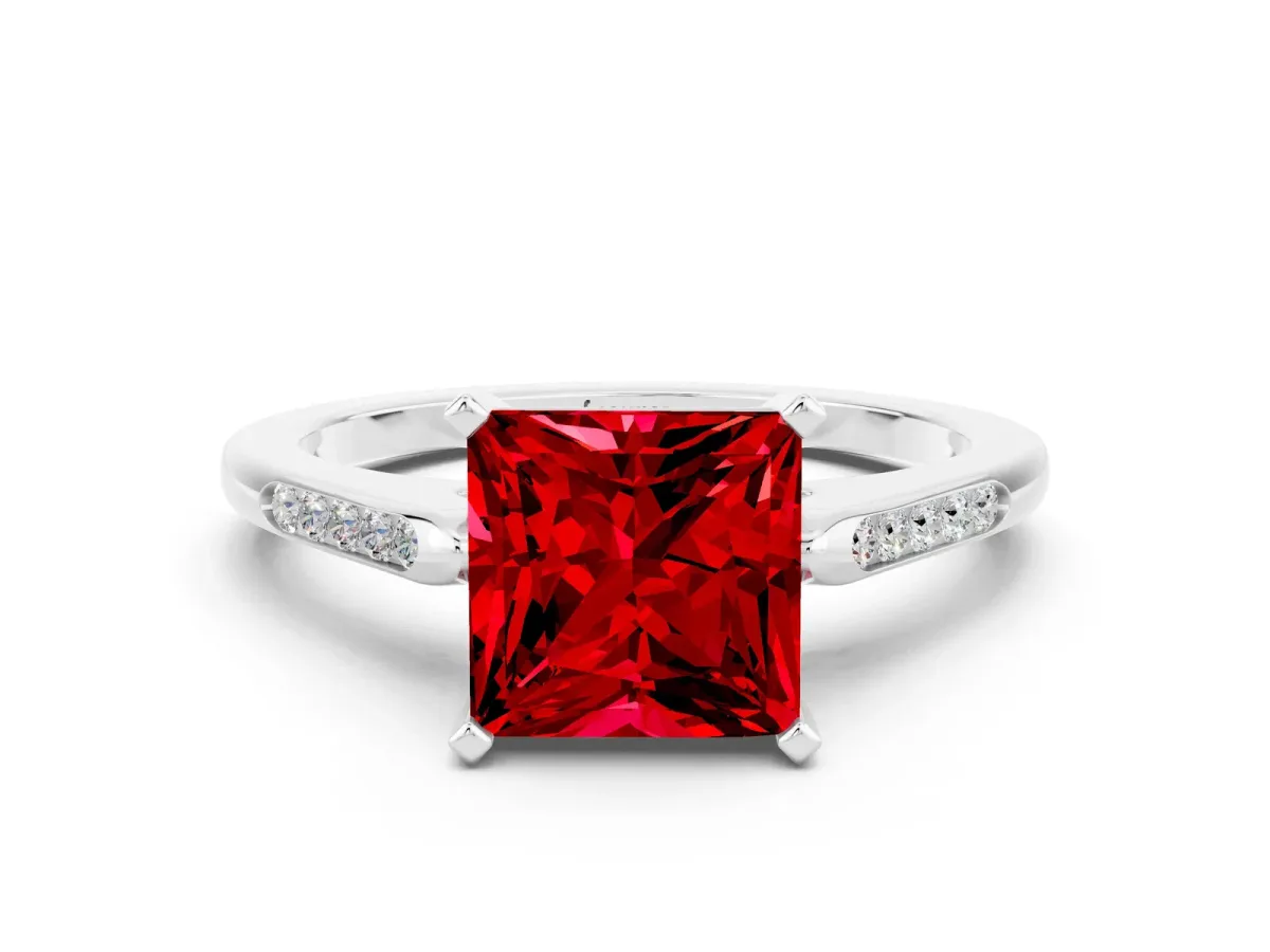 Princess Cut Ruby Solitaire Ring with Channel Set Round Band and Prong Setting White gold
