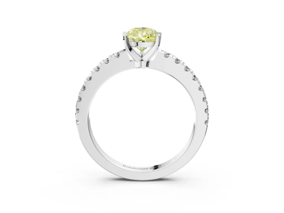 Fancy Yellow Pear Cut Solitaire Diamond with Pavé Band and Four-Prong Setting Silver