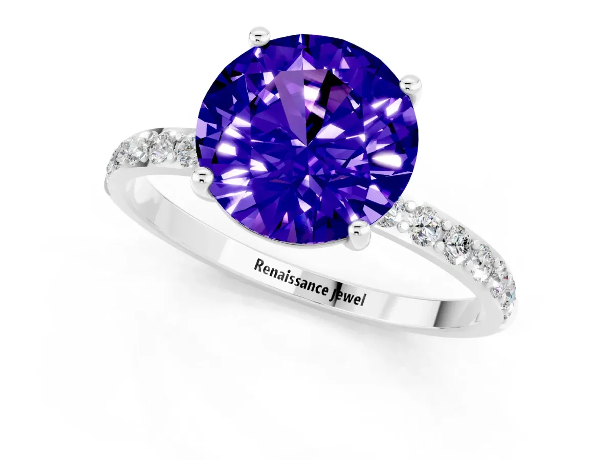 Round Cut Tanzanite Solitaire Ring with Round Pavé Band and Prong Setting Platinum