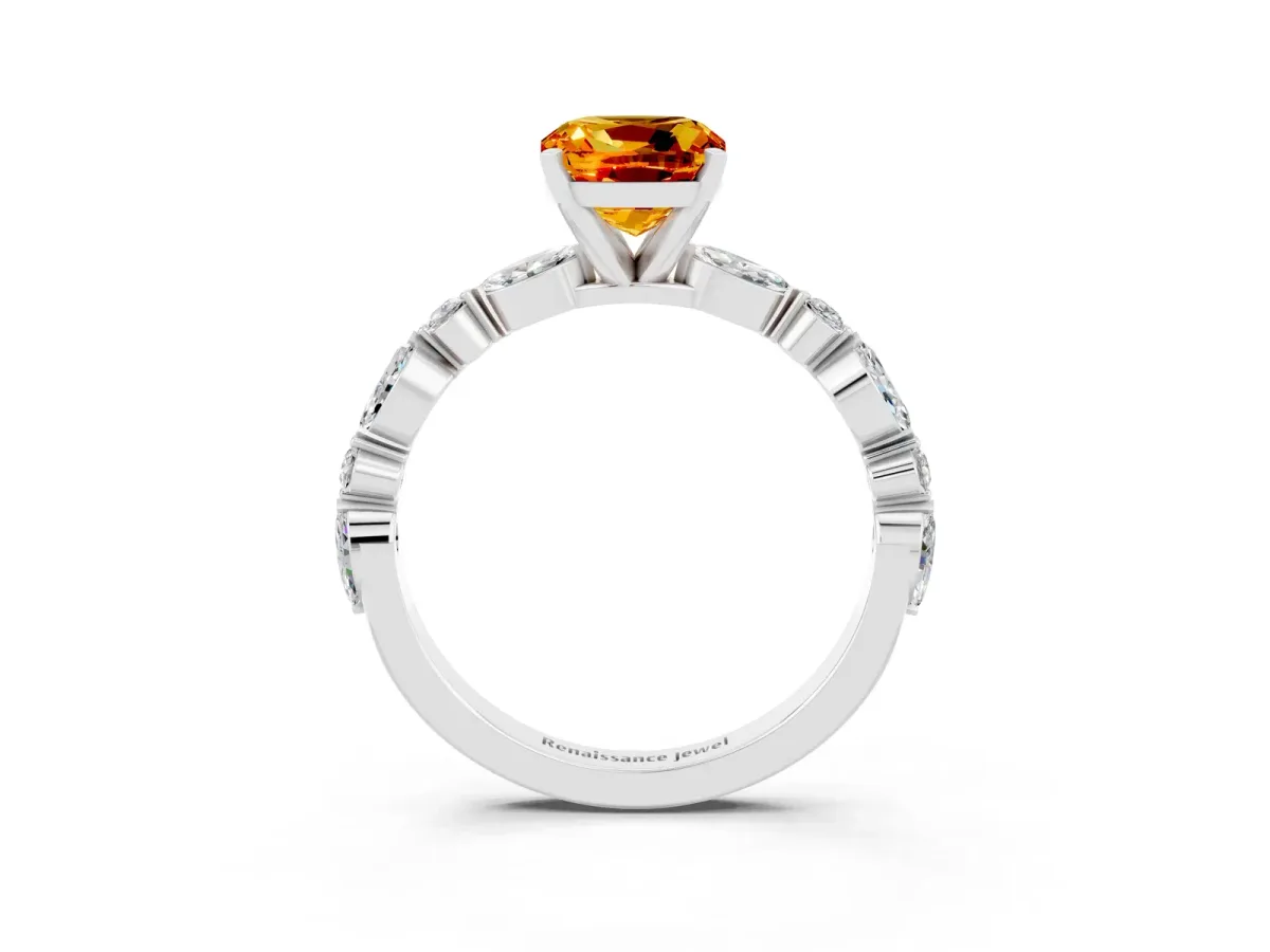Cushion Cut Citrine Ring with Marquise and Round Side Stones and Four-Prong Setting Silver