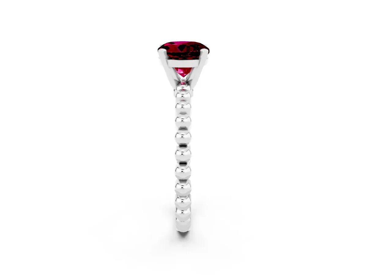Round Cut Garnet Solitaire Ring with Beaded Band and Prong Setting Platinum