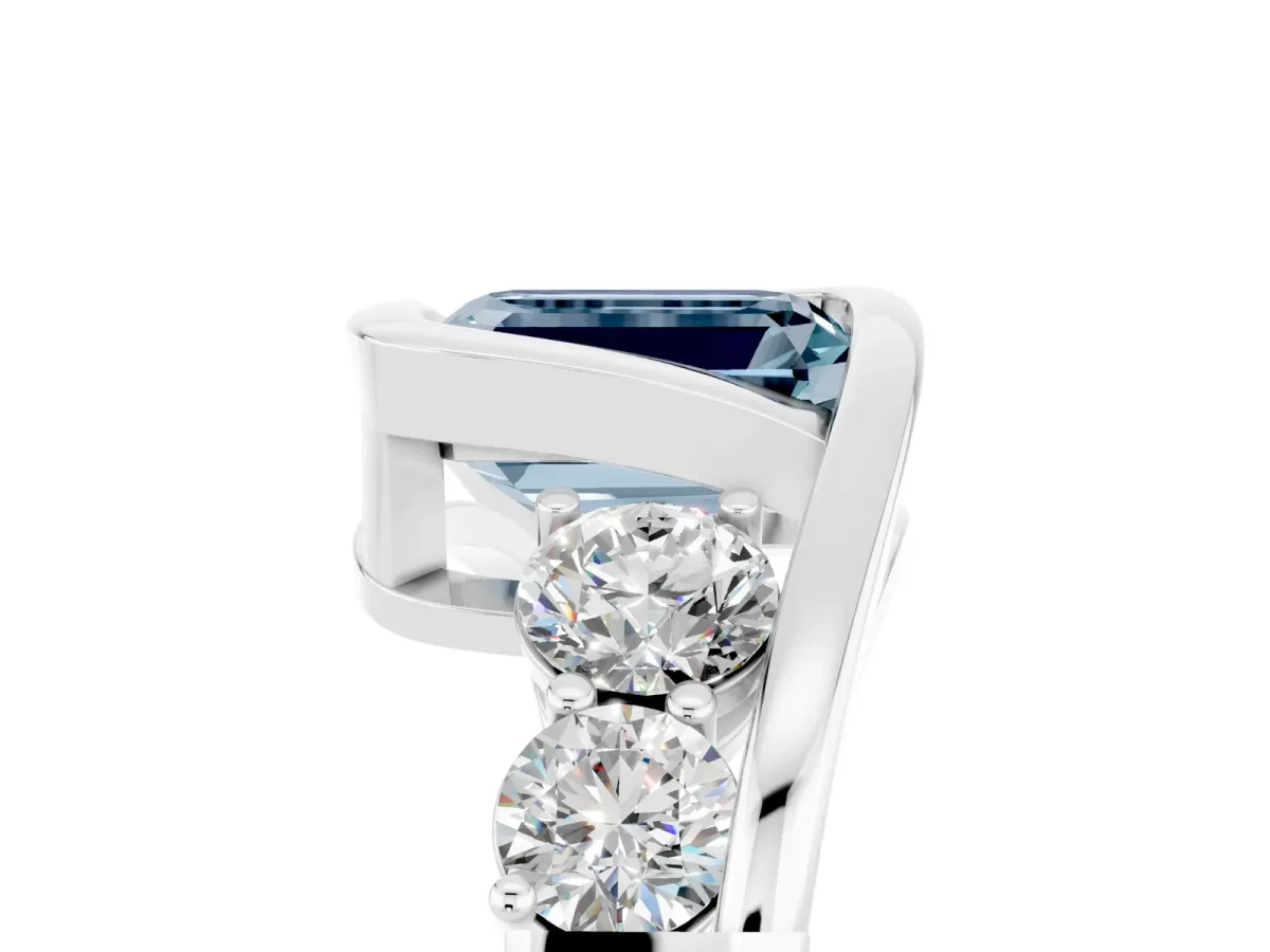 Bezel Set Emerald Cut Aquamarine Bypass Ring with Round Accents Platinum