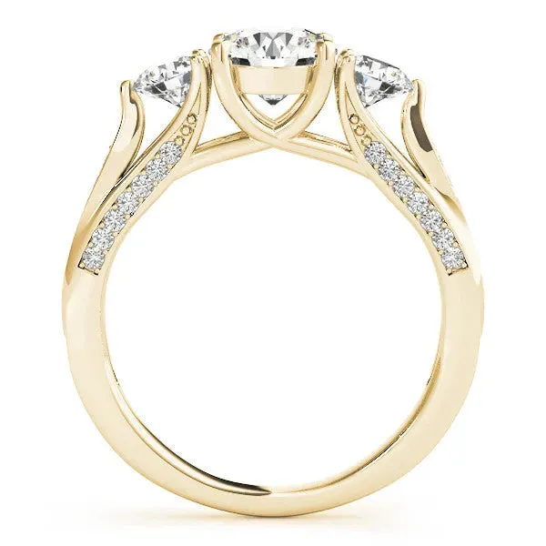 Round Cut Brilliant Three-Stone Engagement Ring with Split Shank and Prong Setting Yellow gold