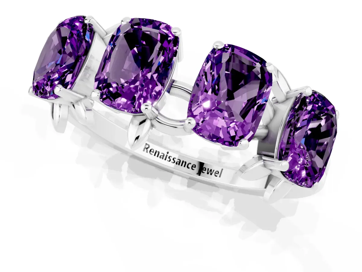 Four-Stone Elongated Cushion Amethyst Band with Nature-Inspired Prong Setting Silver