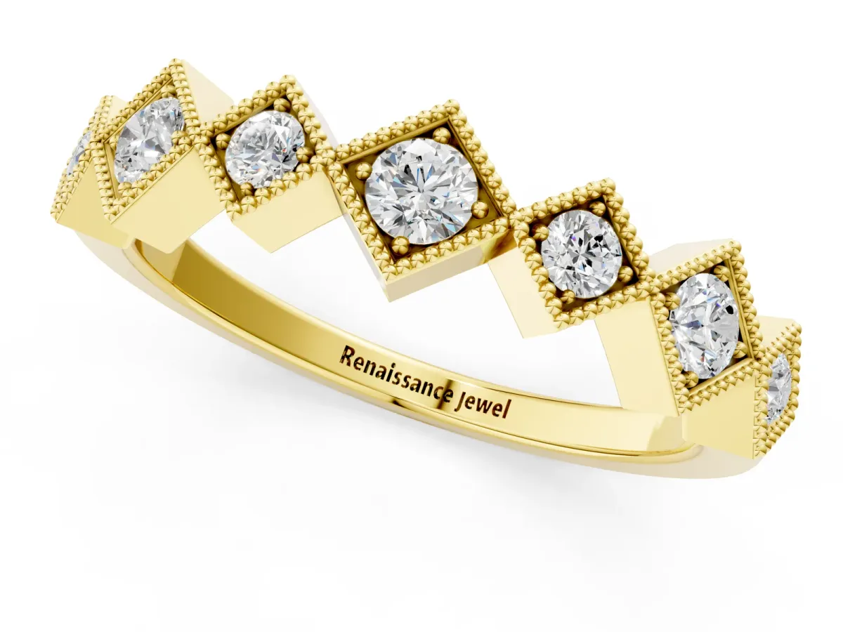 Milgrain Square Bezel Round Diamond Chevron Band Yellow gold