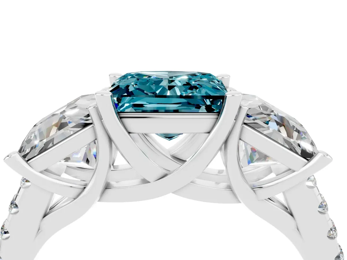 Three-Stone Princess Cut Blue Topaz Ring with Round Pavé Band and Prong Setting Silver