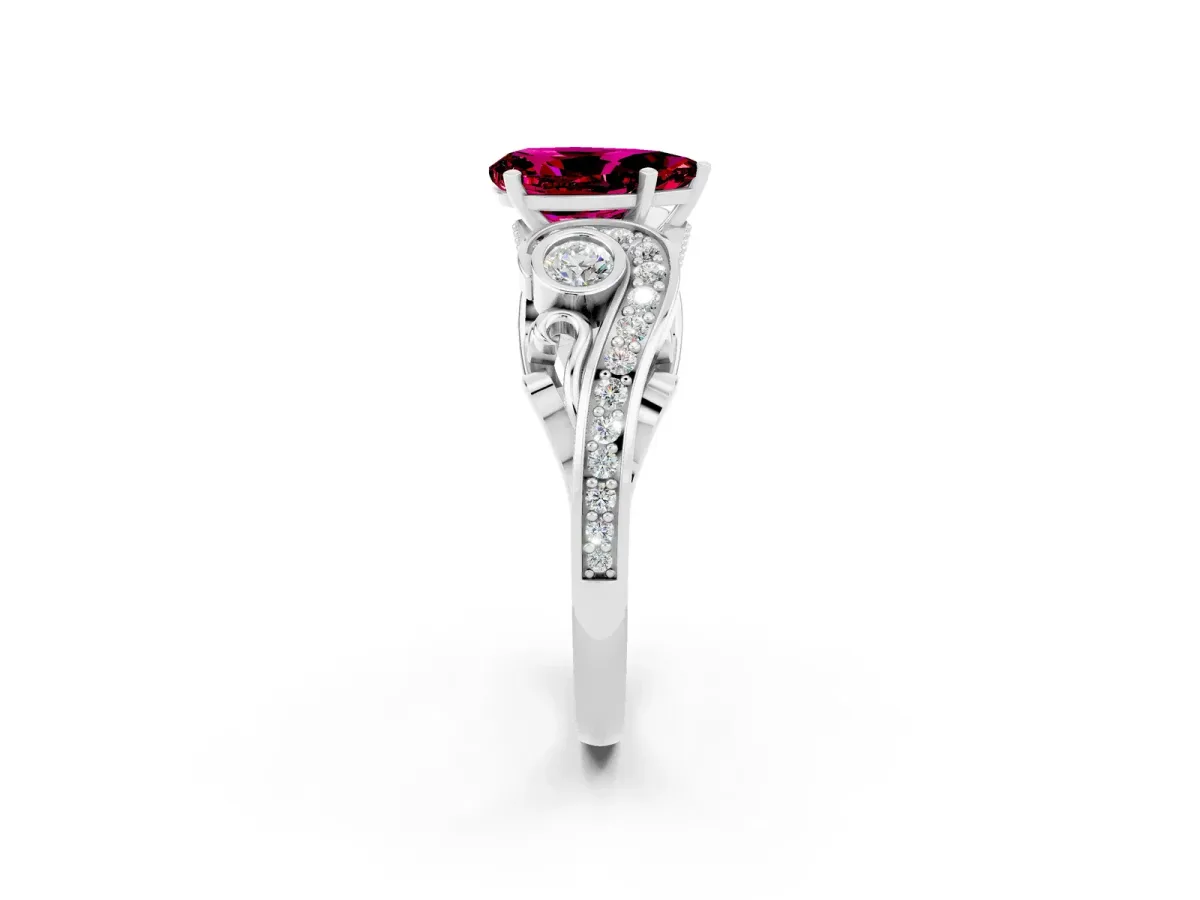 Pear Cut Garnet Solitaire Ring with Milgrain Pavé Band and Four-Prong Setting Silver