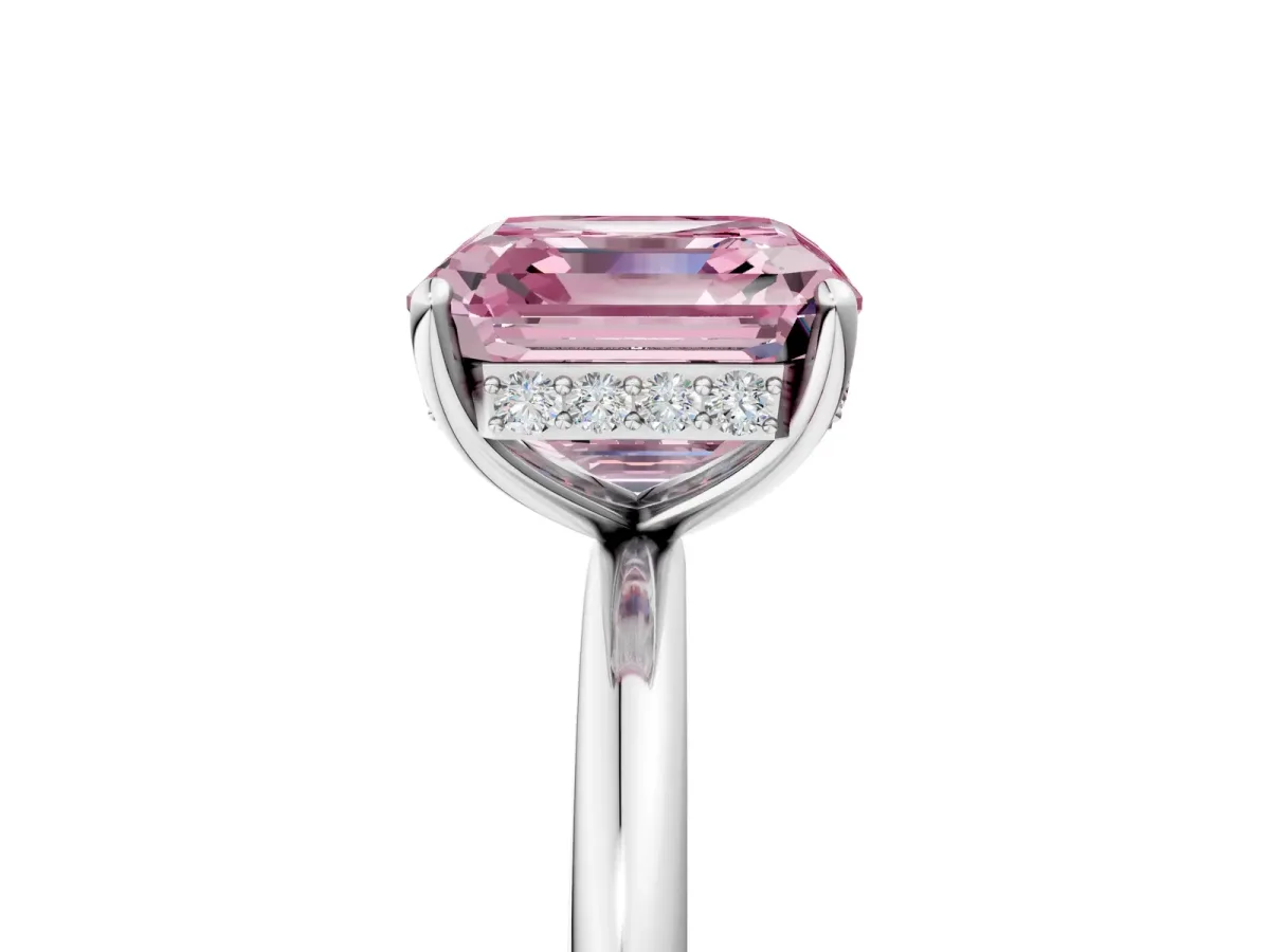 Fancy Pink Asscher Cut Solitaire Diamond Ring with a Classic Band and Four-Prong Setting Platinum