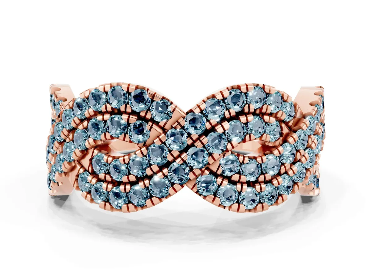 Pavé Round Aquamarine Infinity Twist Band with Shared Prong Setting Rose gold