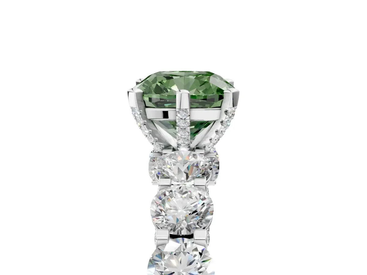 Fancy Green Cushion Cut Diamond Side Stone Engagement Ring with Four-Prong Setting White gold