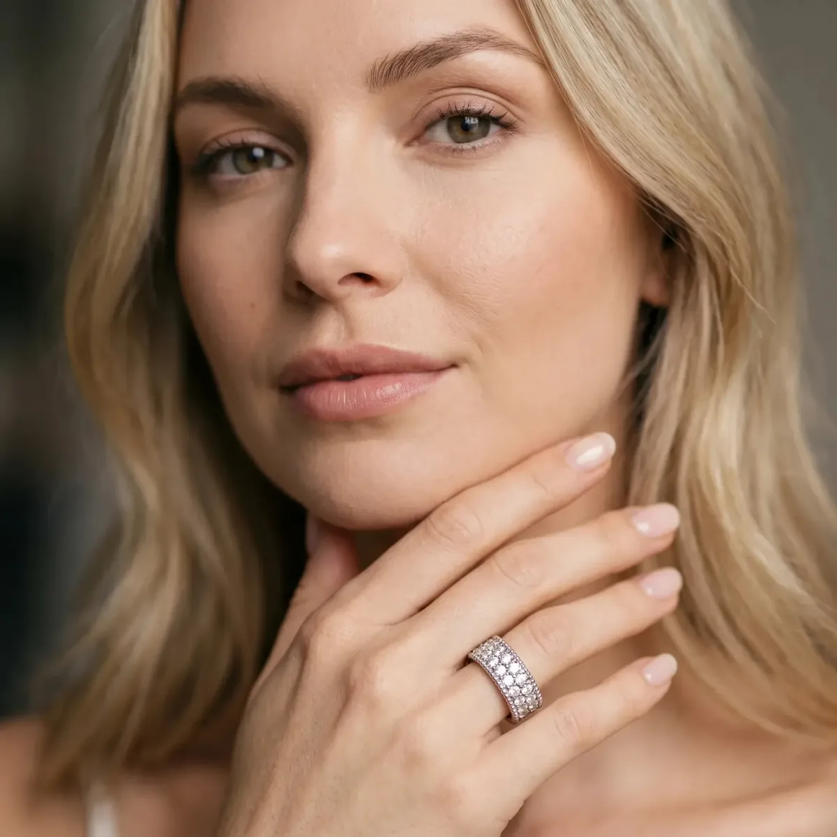 Round Cut Diamond Pave Eternity Band with Bead Prong Setting Platinum