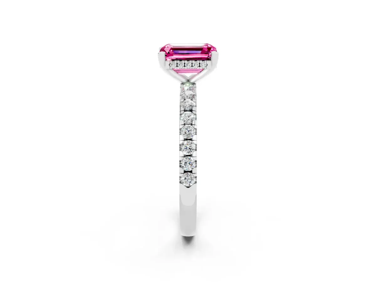 Emerald Cut Pink Sapphire Solitaire Ring with Round Pavé Band and Four-Prong Setting Silver