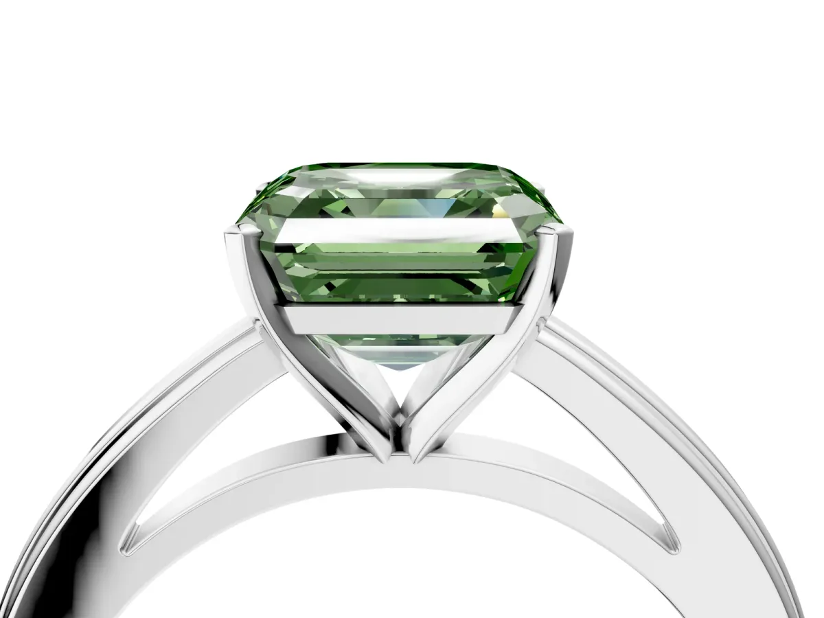 Fancy Green Asscher Cut Solitaire Diamond Ring with Four-Prong Setting and Classic Band Platinum