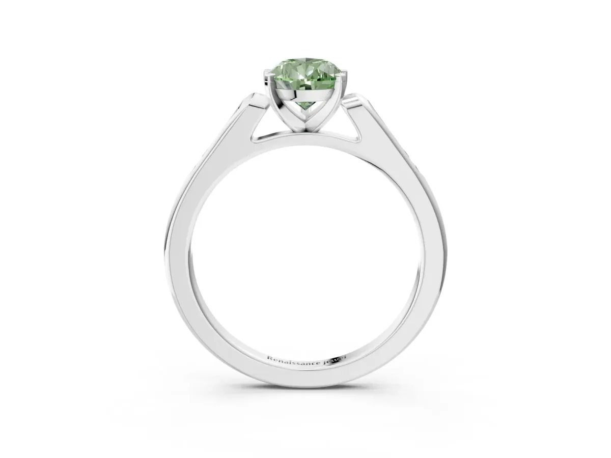 Fancy Green Pear Cut Diamond Solitaire Ring with Channel Set Round Band and Prong Setting Silver