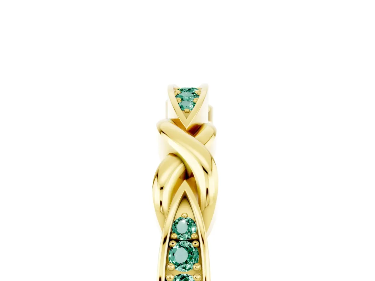 Twisted Marquise Green Sapphire Pavé Band with Shared Prong Setting Yellow gold