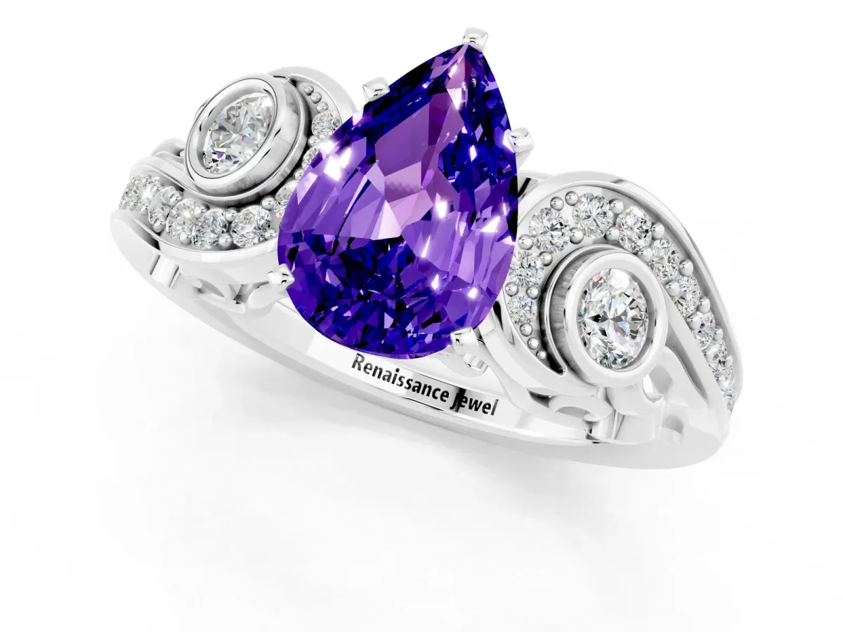 Pear Cut Tanzanite Solitaire Ring with Milgrain Pavé Band and Four-Prong Setting Silver