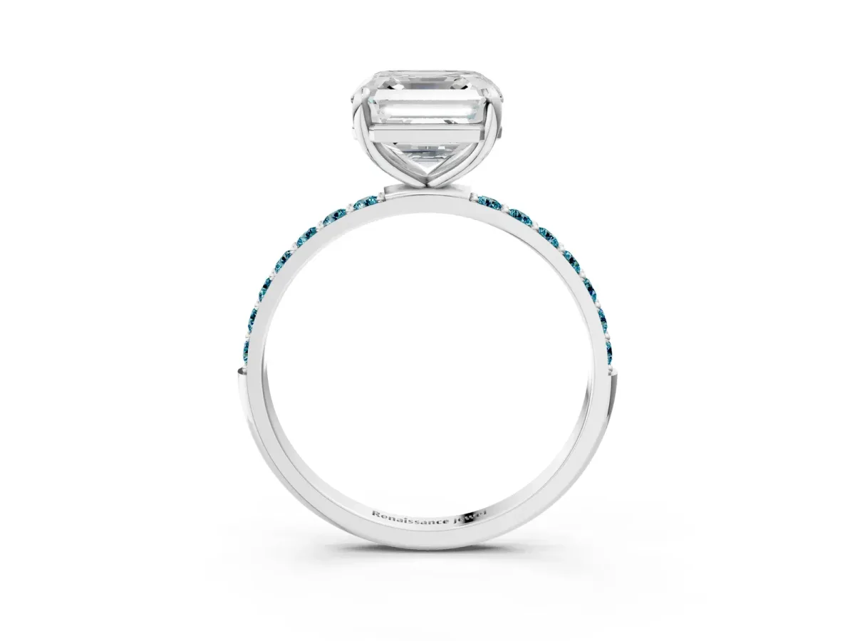 Asscher Cut Diamond Solitaire Ring with Round Blue Topaz Pavé Band and Prong Setting Silver